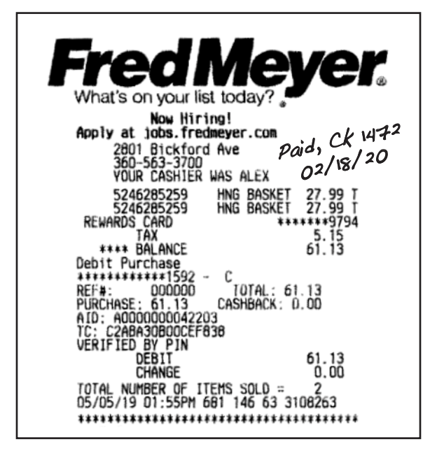 A receipt with the date and check # used to pay for the purchase. 